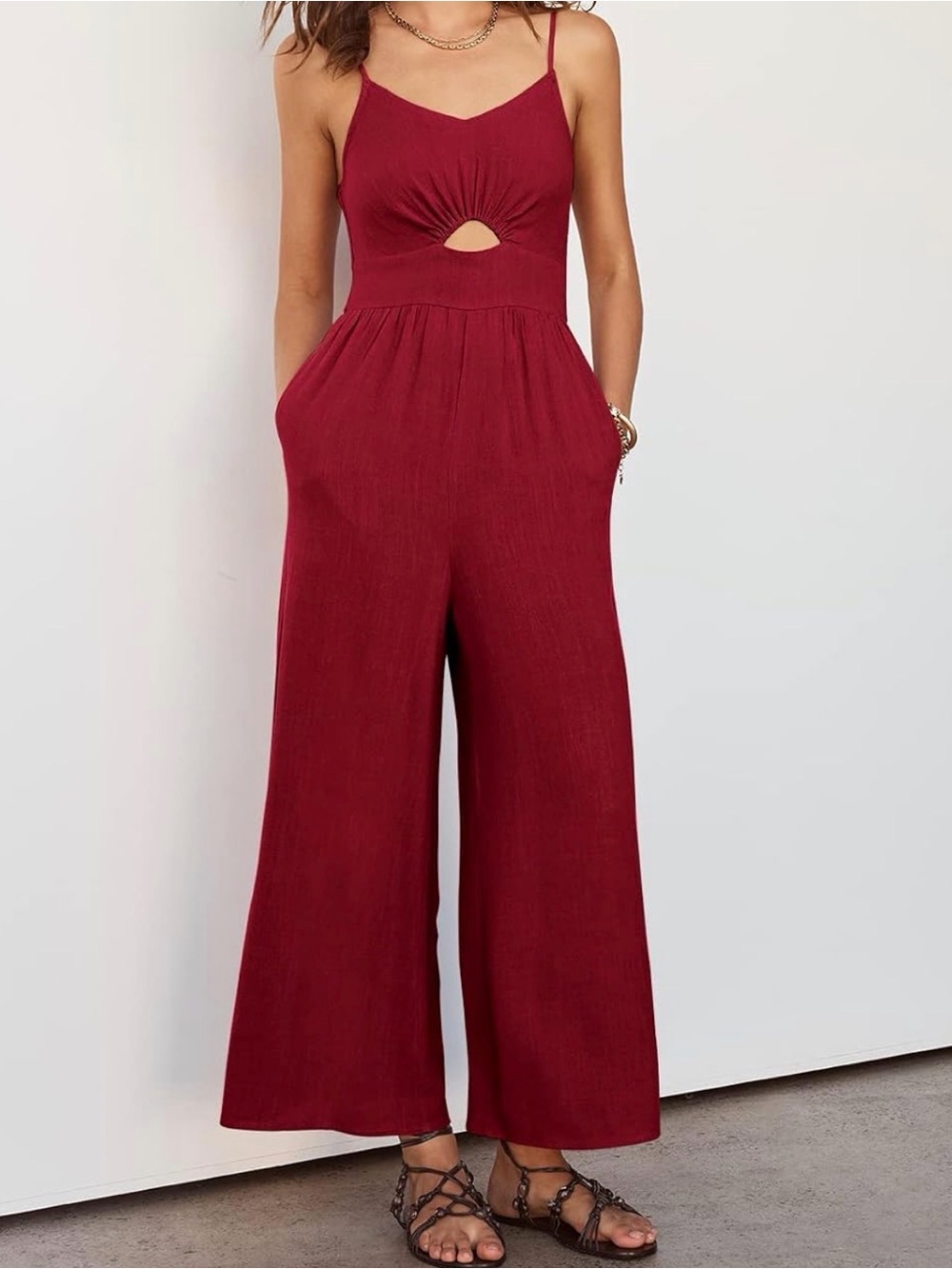 Spaghetti-Strap Burgundy Wide-Leg Jumpsuit with Front Keyhole